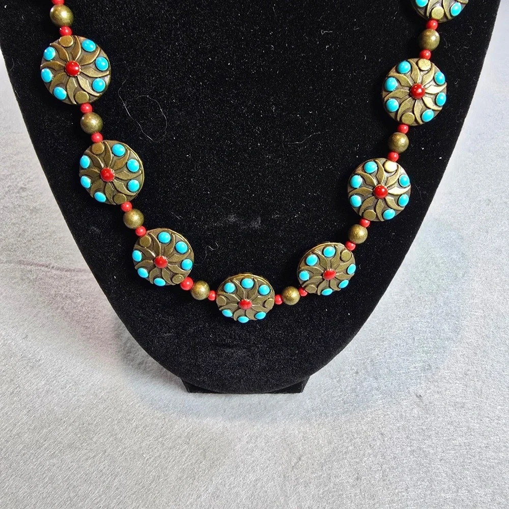 Vintage Boho Turquoise Coral Red Beaded Statement Necklace Floral Medallions 18